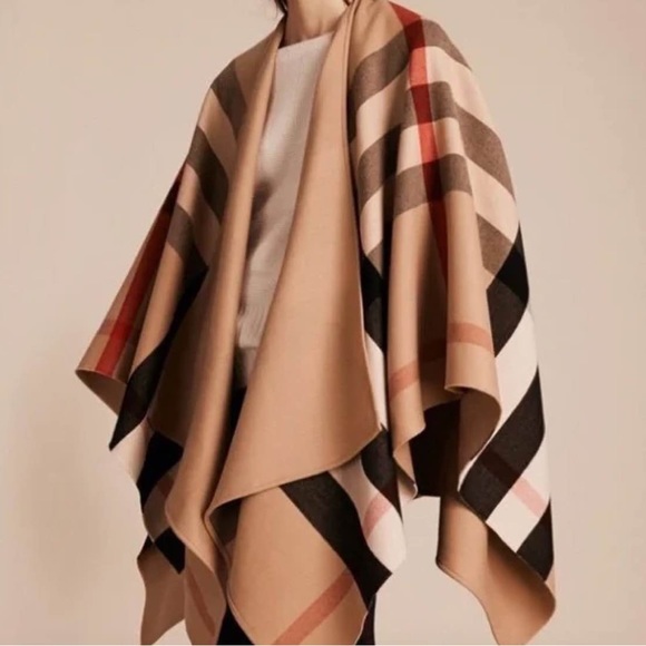 BURBERRY CAMEL CHECK REVERSIBLE SOLID CAPE PONCHO JACKET ONE SIZE - Picture 1 of 8